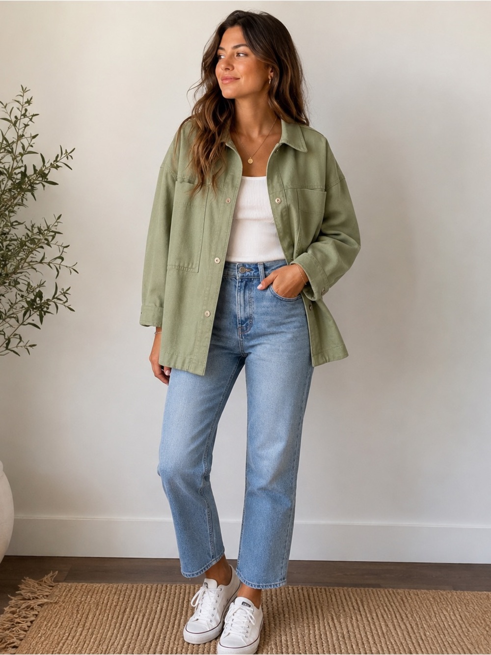 Zara Oversized Utility Shacket Jacket – Sage Green Cotton Button Front | Size S